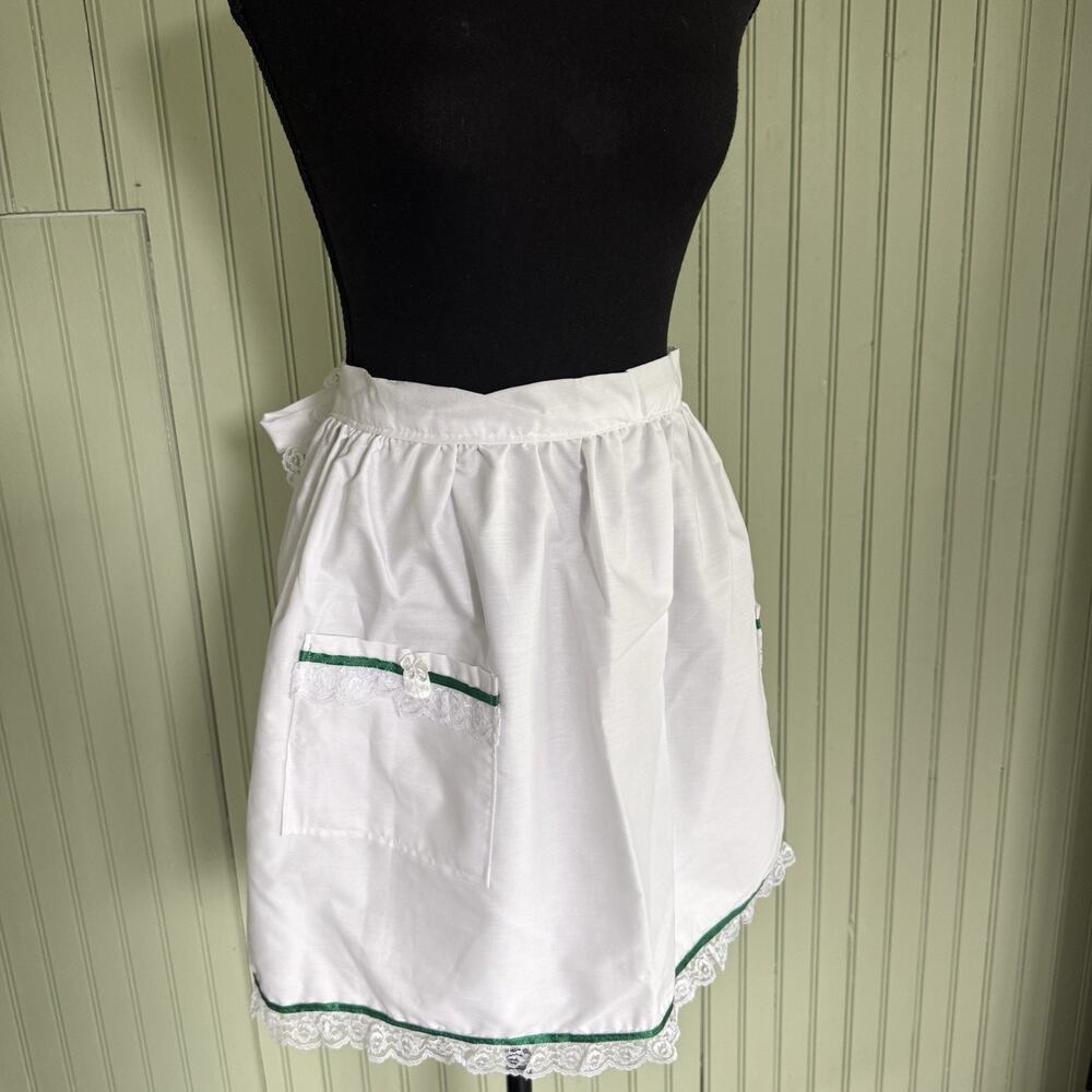 Vtg Hostess Half Apron White Green MCM 50s Pocket Retro Tie Trad Cottage Ruffle